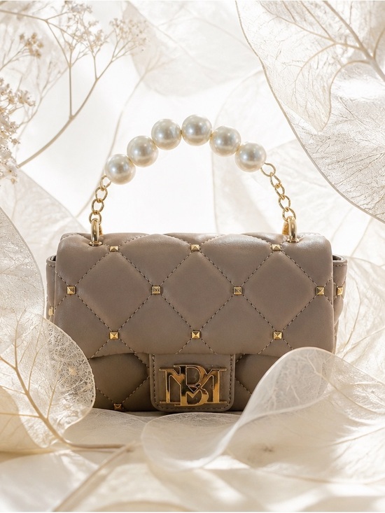 Badgley Mischka Handbags - Badgley Mischka Taupe Quilted Mini Bag with Pearl Handle